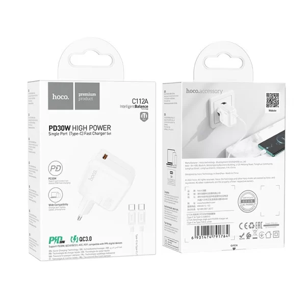 Зарядное Устройство Hoco C112A Advantage + Кабель USB-C to USB-C (PD30W + QC3.0) [White]